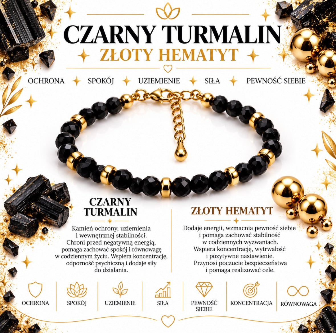 Bransoletka „Ochrona i siła” czarny turmalin, hematyt💫