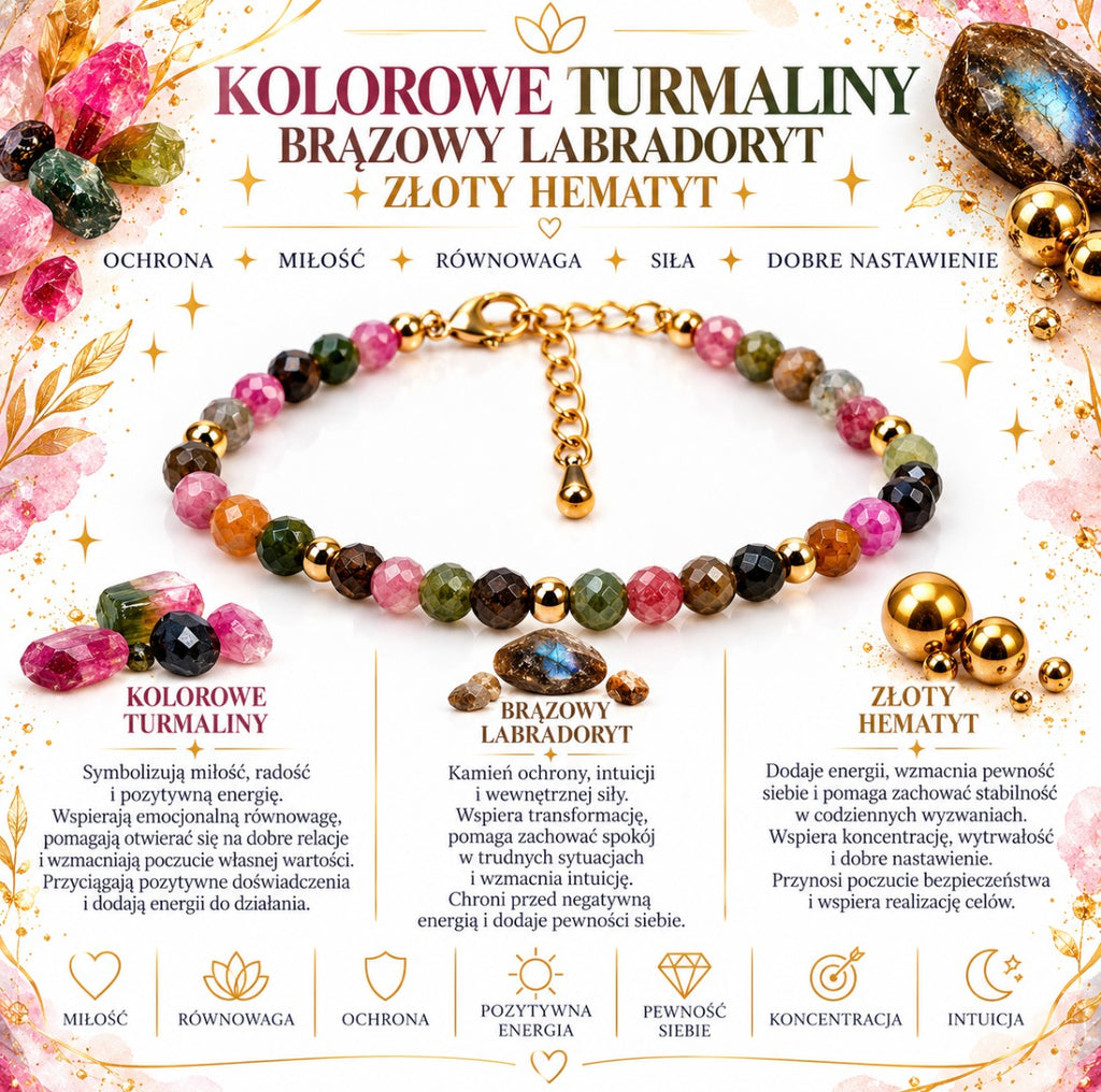 Bransoletka “Ochrona, spokój i harmonia” Moc turmalinów,brązowy labradoryt 💫