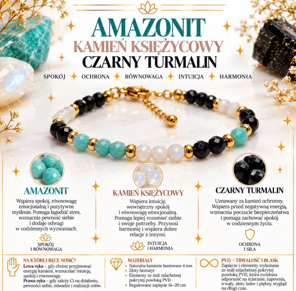 Bransoletka “Spokój, ochrona i równowaga” Amazonit, kamień księżycowy, turmalin 💫