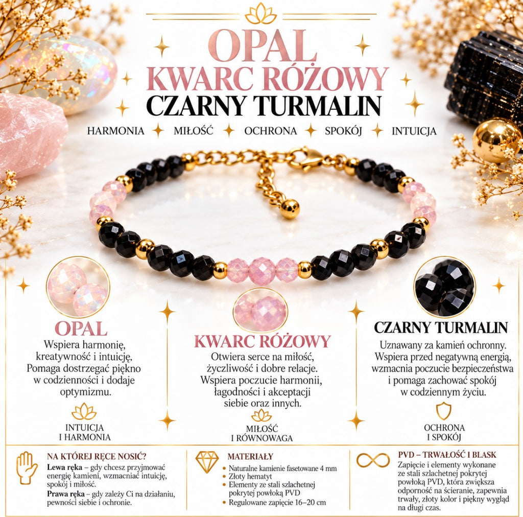 Bransoletka szczęścia z kamieni naturalnych, idealna dla Wagi “Harmonia, miłość i ochrona” Opal, kwarc różowy, czarny turmalin💫
