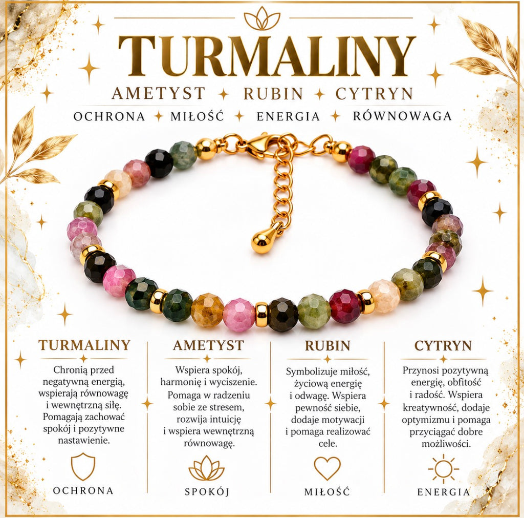 Bransoletka „Ochrona,równowaga i energia” Turmaliny, ametyst, rubin, cytryn💫