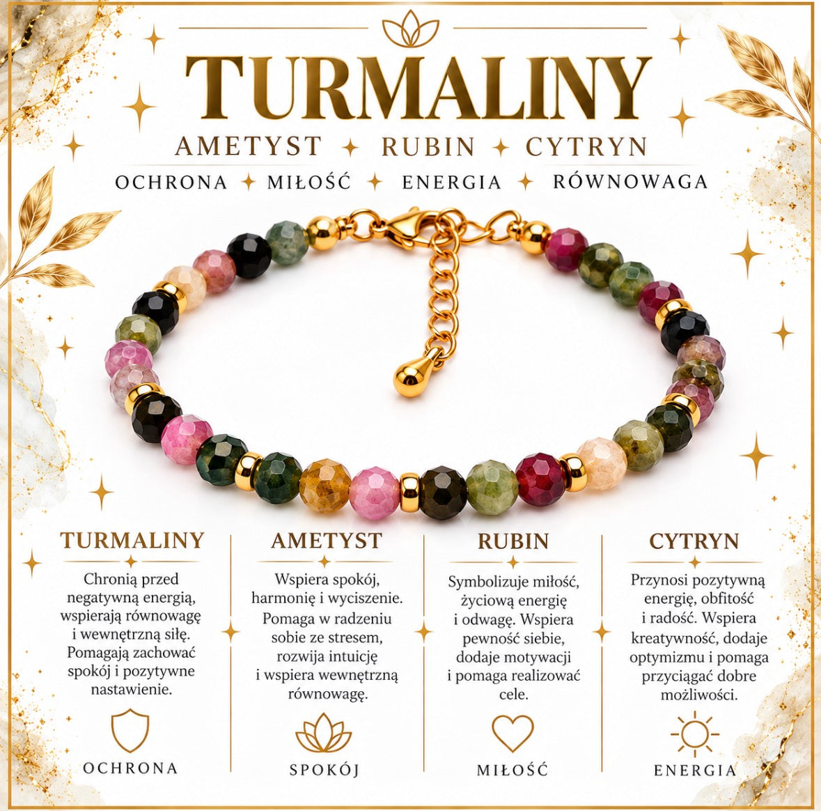 Bransoletka „Ochrona,równowaga i energia” Turmaliny, ametyst, rubin, cytryn💫