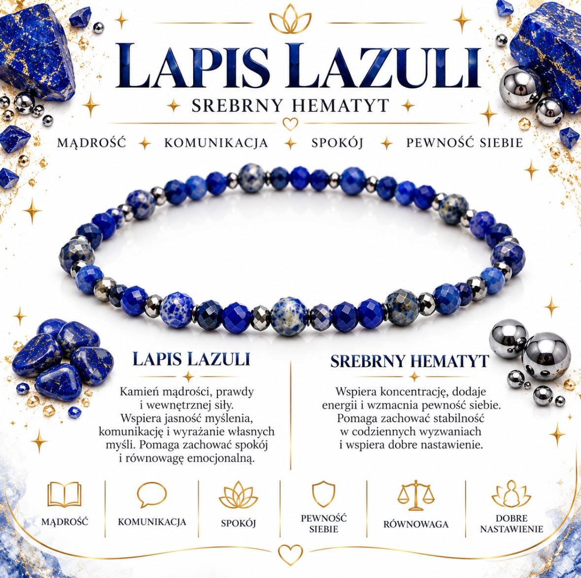 Bransoletka „Mądrość, spokój i pewność siebie” Lapis Lazuli💫