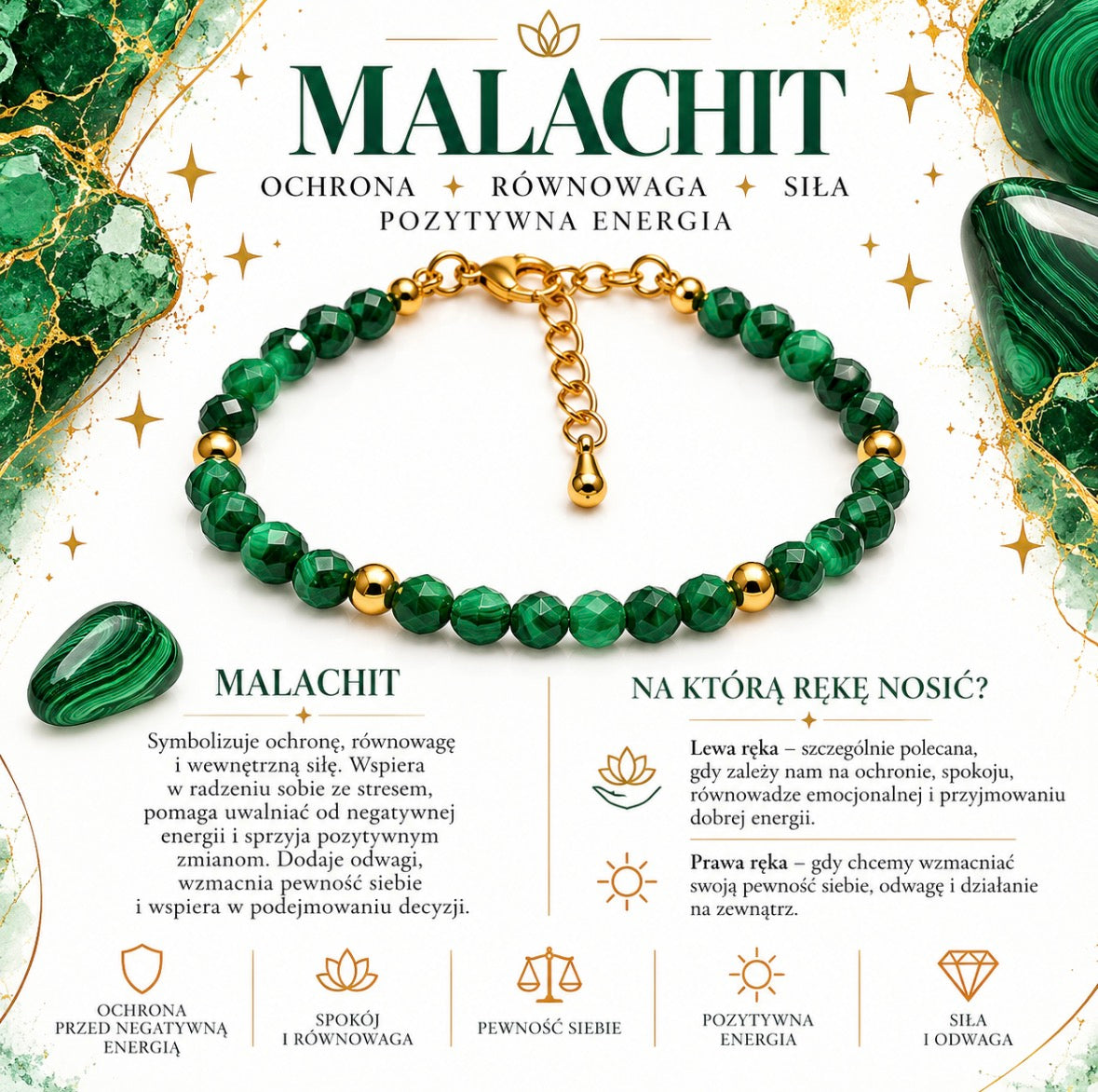 Bransoletka  „Transformacja, ochrona i równowaga” Malachit💫