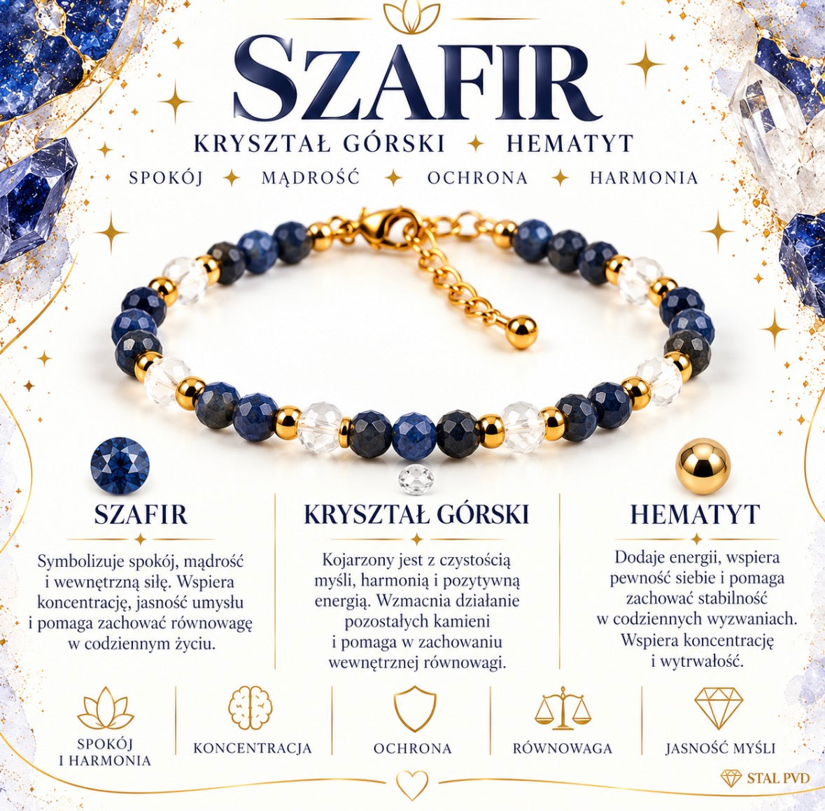 Bransoletka”Spokój i siła” Szafir, kryształ górski💫
