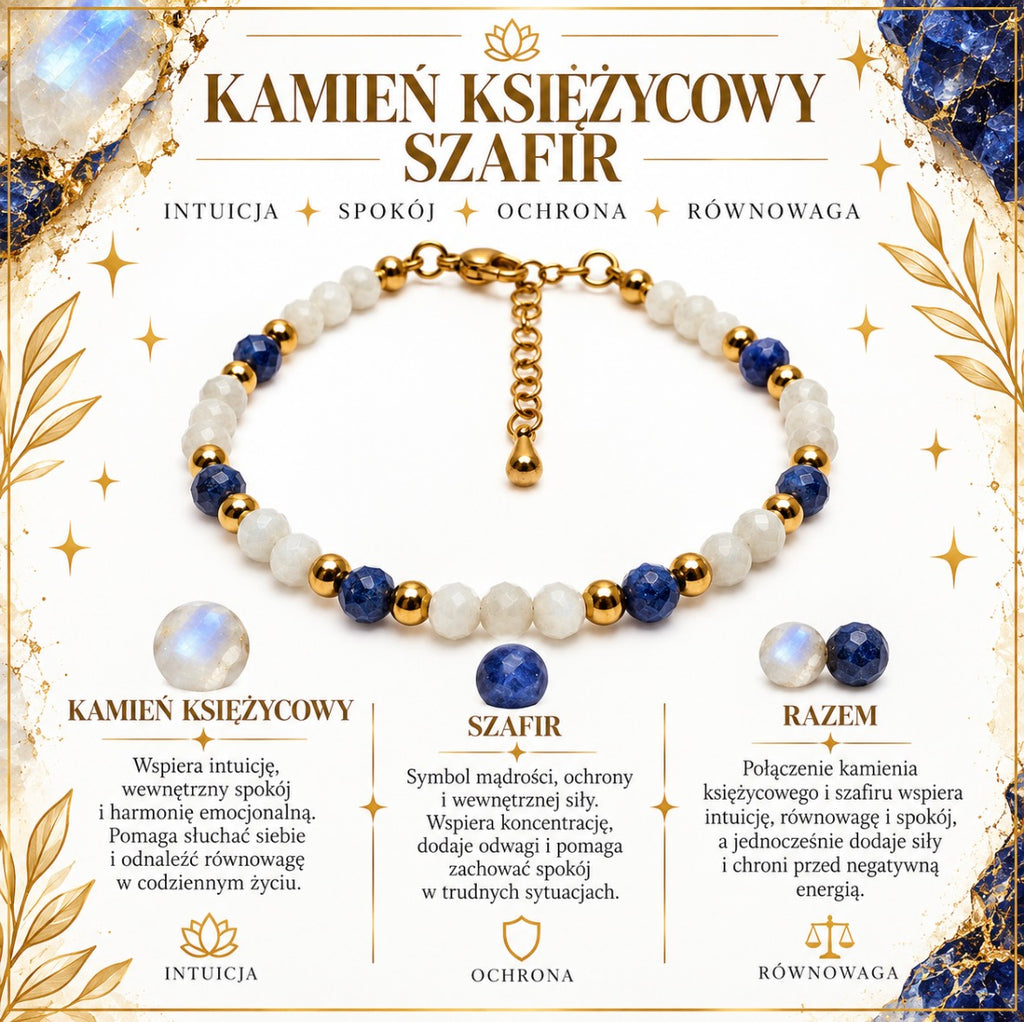 Bransoletka „Intuicja, spokój i ochrona” Kamień księżycowy, szafir💫