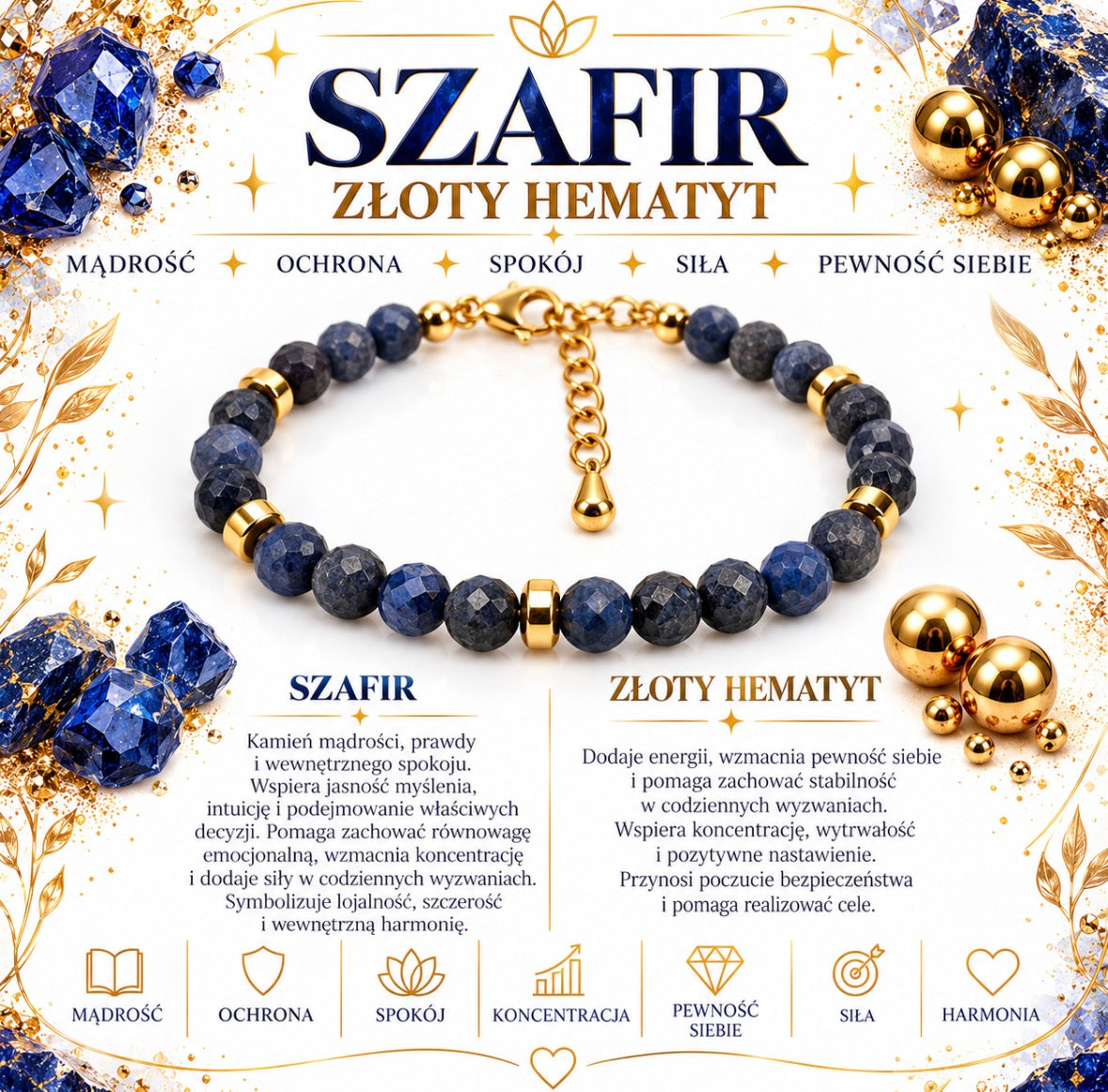 Bransoletka”Mądrość i pewność siebie” Szafir 💫
