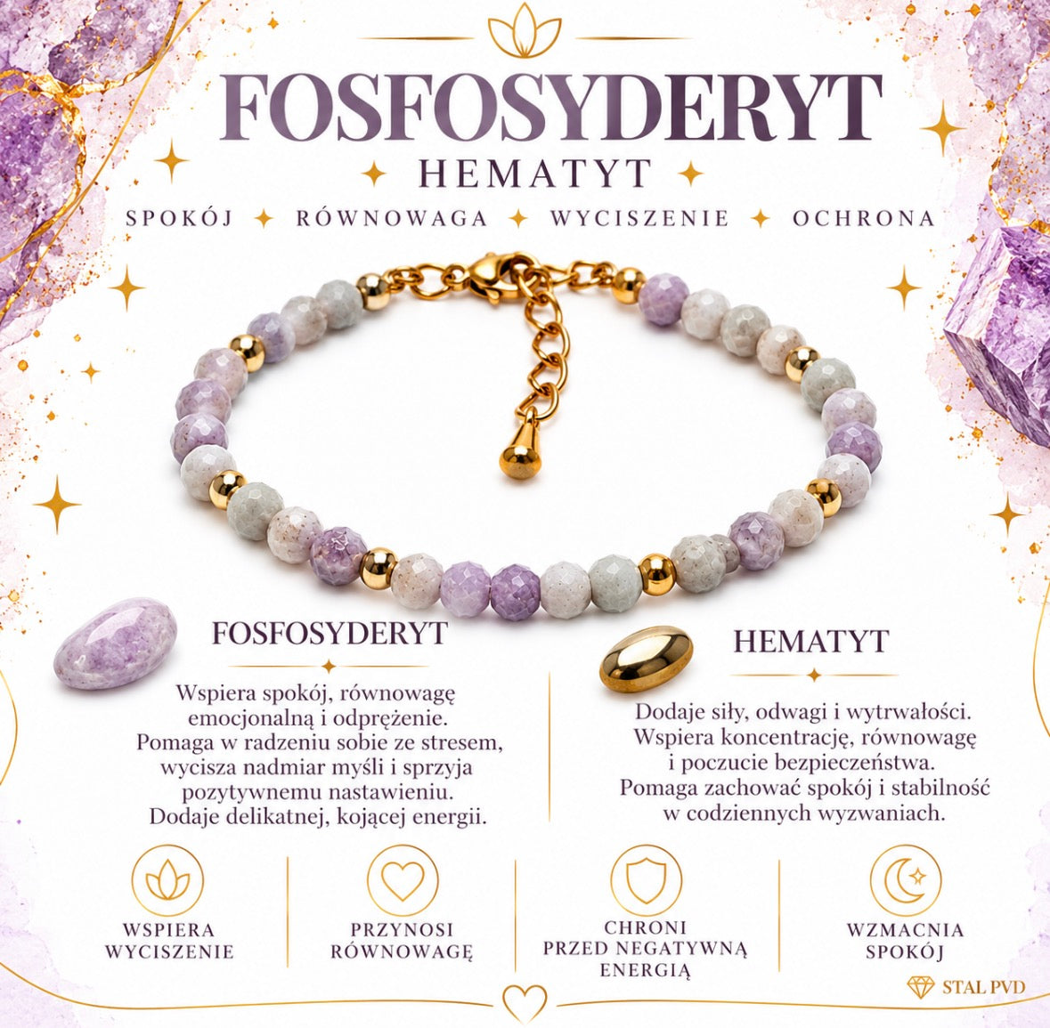 Bransoletka szczęścia z kamieni naturalnych  „Spokój, harmonia i wewnętrzna równowaga” Fosfosyderyt💫