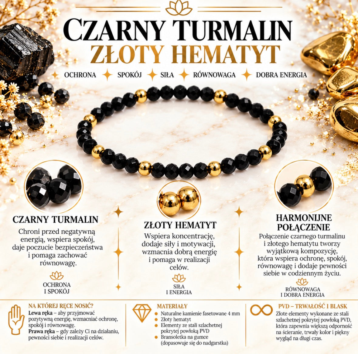 Bransoletka szczęścia z kamieni naturalnych “Ochrona” Czarny turmalin, złoty hematyt💫
